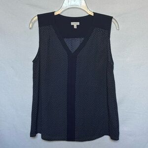 Talbots Blouse Top Petite M Sleeveless Navy Blue Polka Dot   Career Work Chic